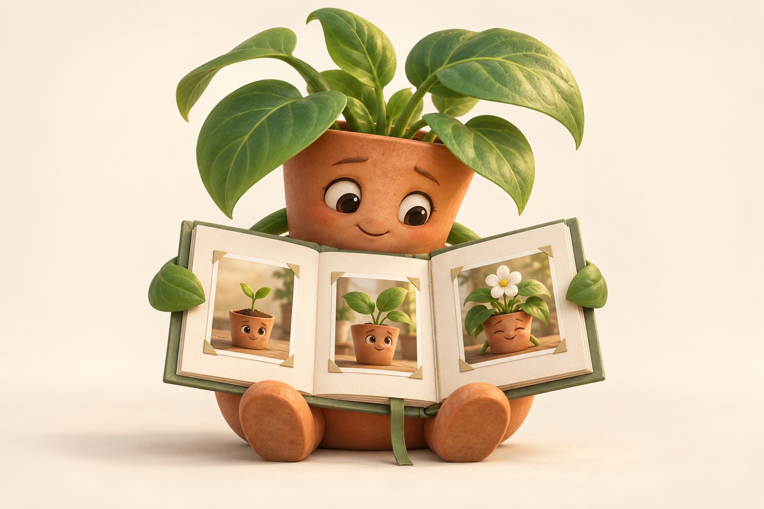 A smiling potted plant reading a family album with photos of its first sprout, growing leaves and first flower.